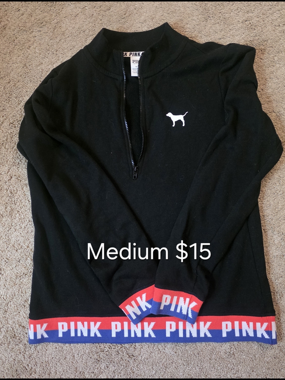 PINK Victoria's Secret Black Quarter-Zip Sweater with Pink & Blue Trim